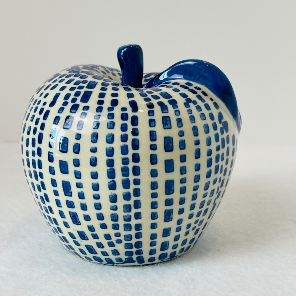 Blue and White Ceramic Apple Figurine Grid Pattern Decorative Fruit Decor
